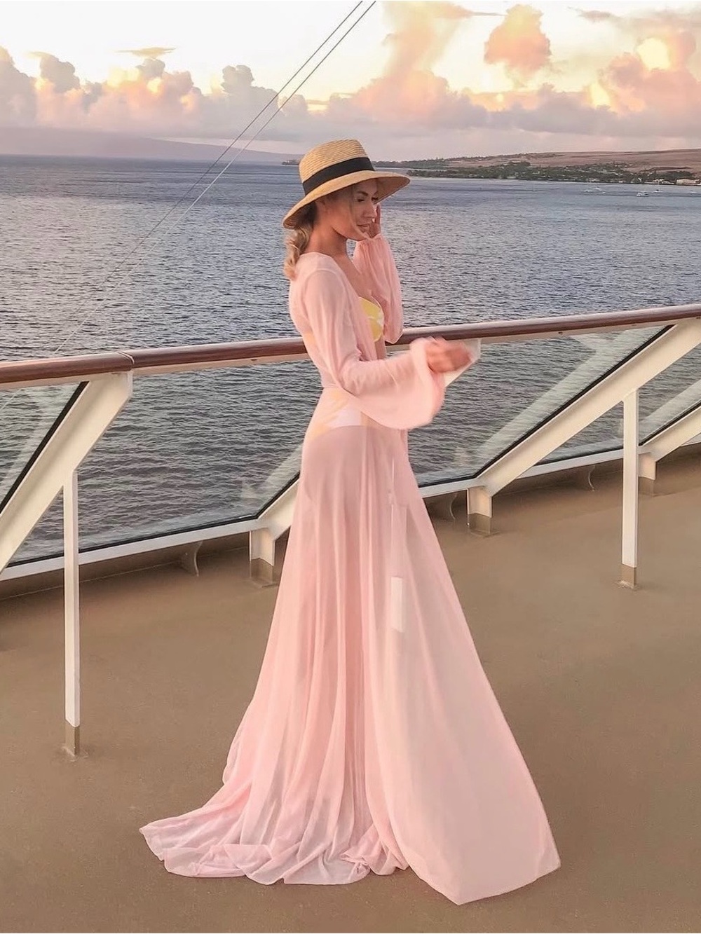 WantMyLook Sheer Blush Pink Maxi Dress with Bell Sleeves